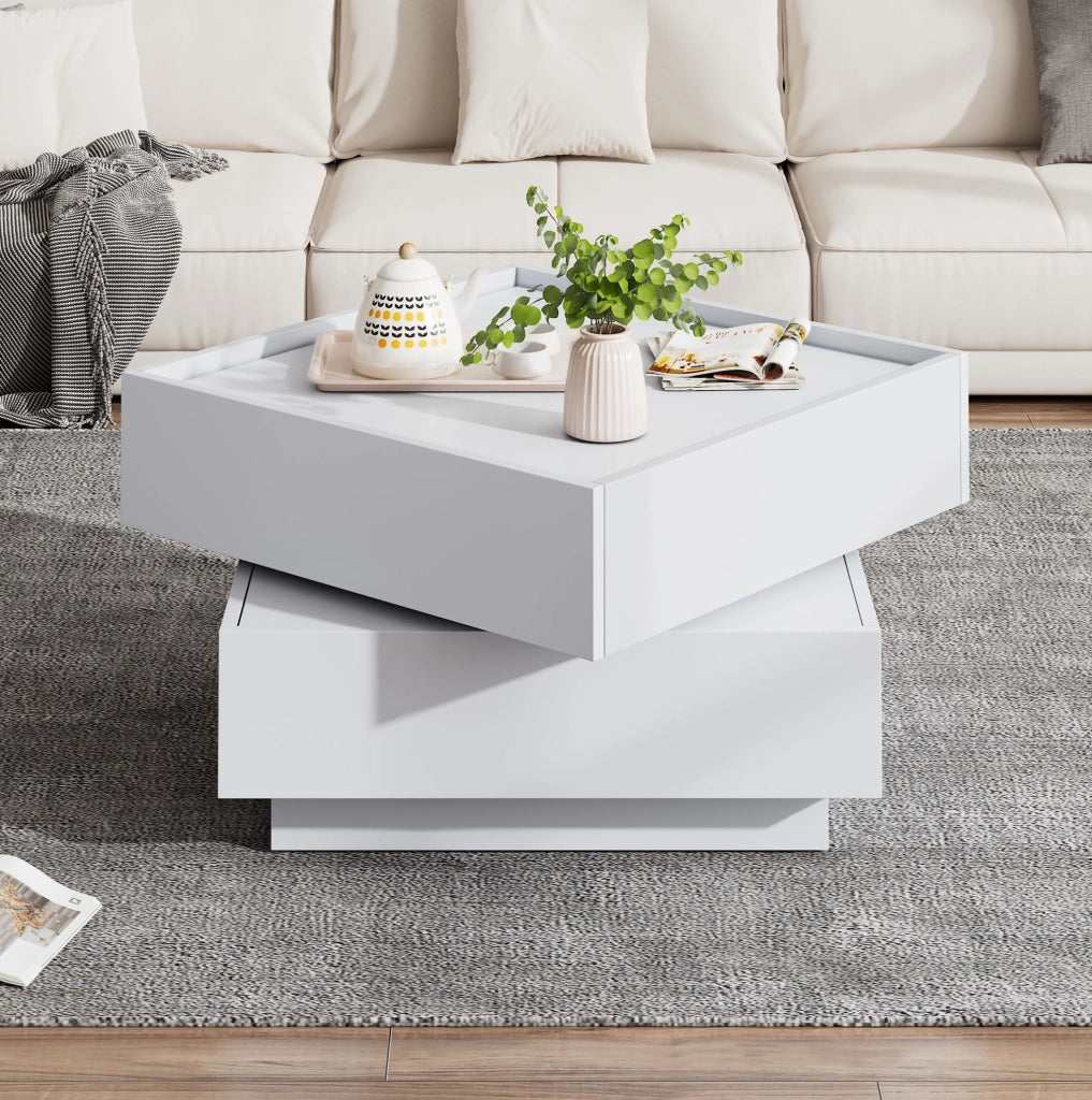 Tavolino da salotto girevole 360° 60 x 60 x 38 cm in truciolare bianco; con 2 cassetti