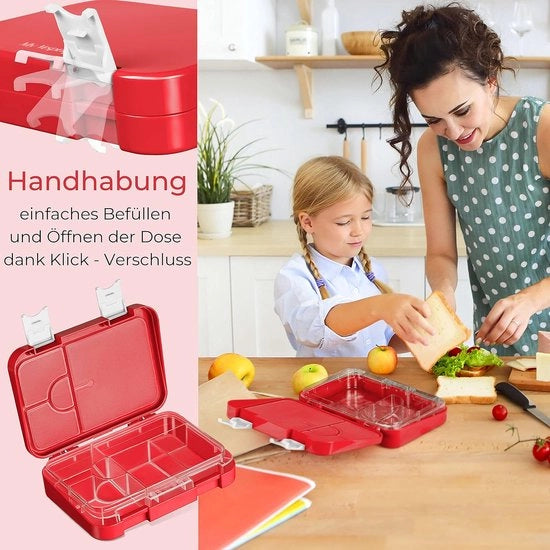 Scatola da Picnic con 4 + 2 Compartimenti - Scatola da Pranzo per Bambini per Scuola e Nido - Rosso Bianco 

 Modello: 
 Dimensioni: 
 Materiale: 
 Capacità: 
 Età consigliata: