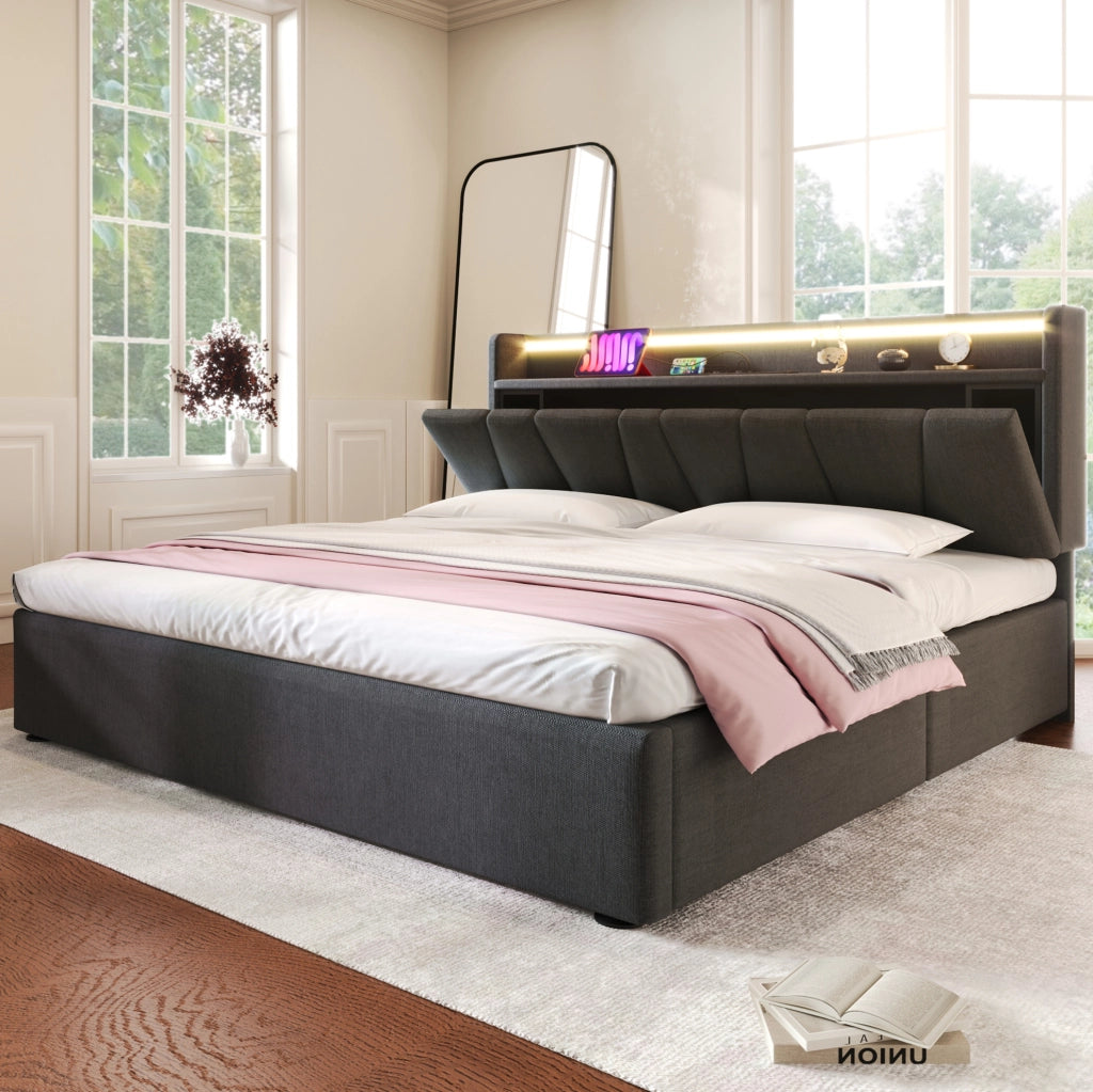 Letto matrimoniale imbottito 160x200 cm con contenitore; testiera con prese USB e LED RGBW; grigio