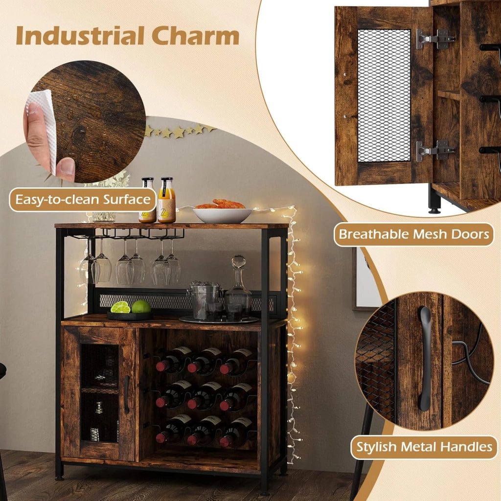 Mobile Porta Vino con 3 Portabicchieri e 9 Scomparti per Bottiglie, Kit Antiribaltamento, Design Industriale per Soggiorno, Sala da Pranzo, Cucina e Bar, Marrone
