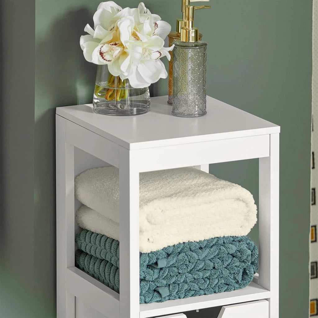 Mobile Bagno Cassettiera – Mobiletto Stretto con 2 Cestini – Armadietto Salvaspazio per Piccoli Bagni e WC, Mobiletto Bagno in Legno, Bianco, 30x89x30 cm, FRG127-W