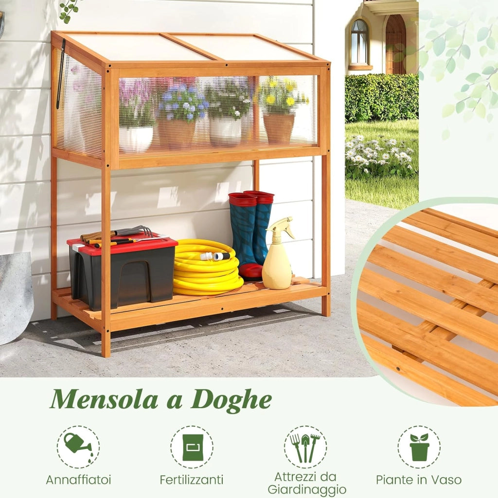 Mini Serra in Legno con Tetto Trasparente Apribile e Mensola a Doghe, Mini Serra Salvaspazio da Interno ed Esterno per Giardino, Veranda e Balcone, 90 x 50,5 x 105 cm