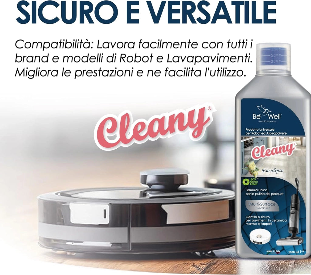 CLEANY Detergente Concentrato per Robot Lavapavimenti e Aspirazione con Igienizzante Multisurface 1000ml pulizia senza aloni e sostenibile Adatto a tutti i Robot (EUCALIPTO)