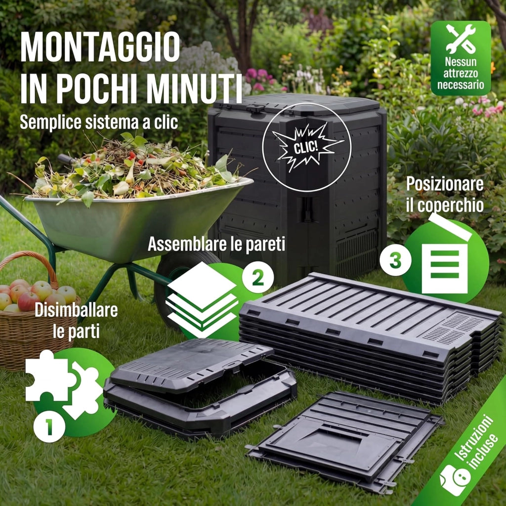 ® Compostiera 380L Compostaggio Veloce 72x72x83cm Composter Rapido Resistente alle Intemperie