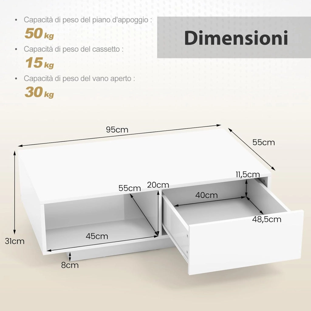 Tavolino da Salotto in Legno, Tavolino Moderno e Rettangolare con 20 Colori di Luci a LED, Telecomando, Cassetto e Ripiano Aperto, Tavolino per Studio e Ufficio (Bianco)