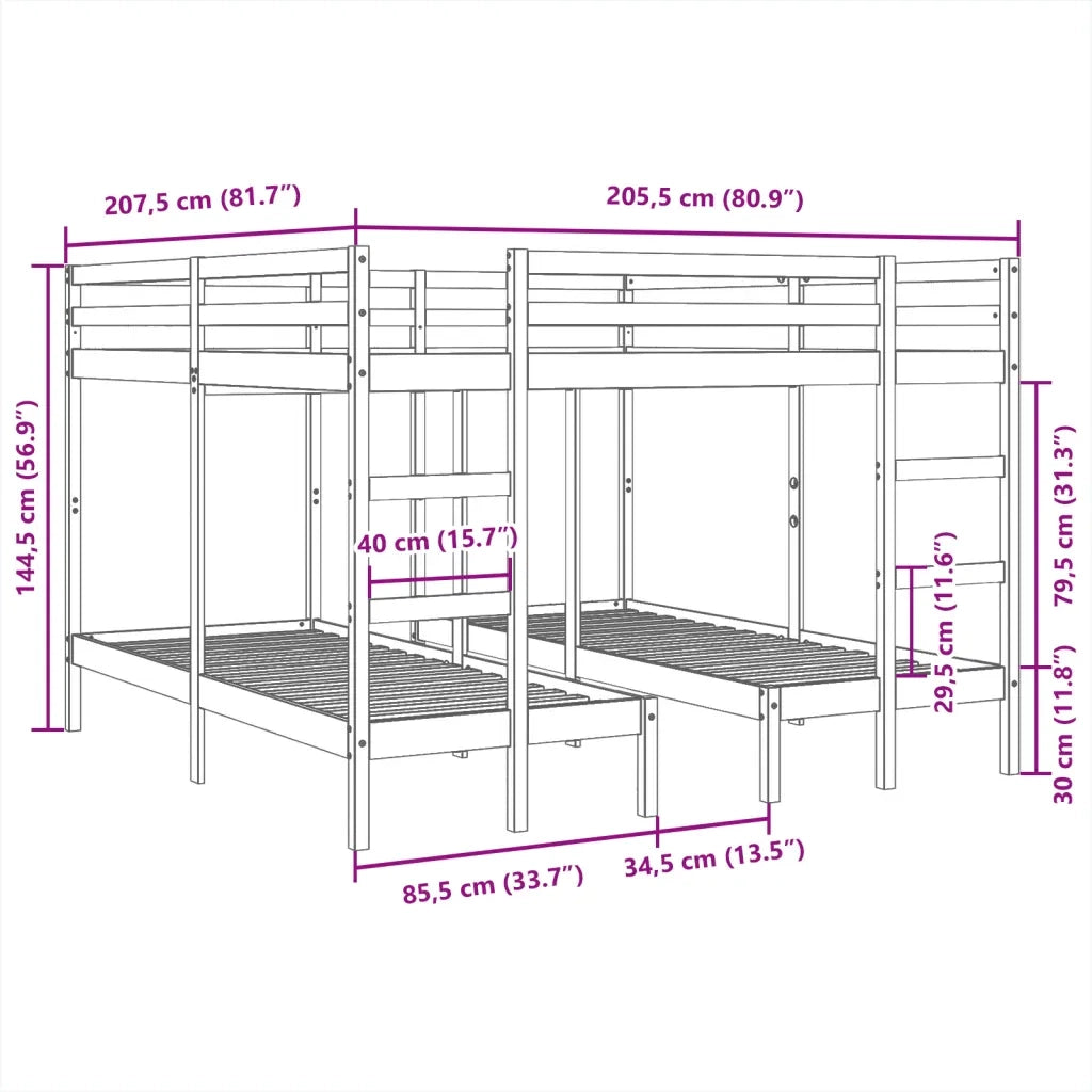 Giroletto Castello Triplo 200x200/80x200cm Legno Massello Pino