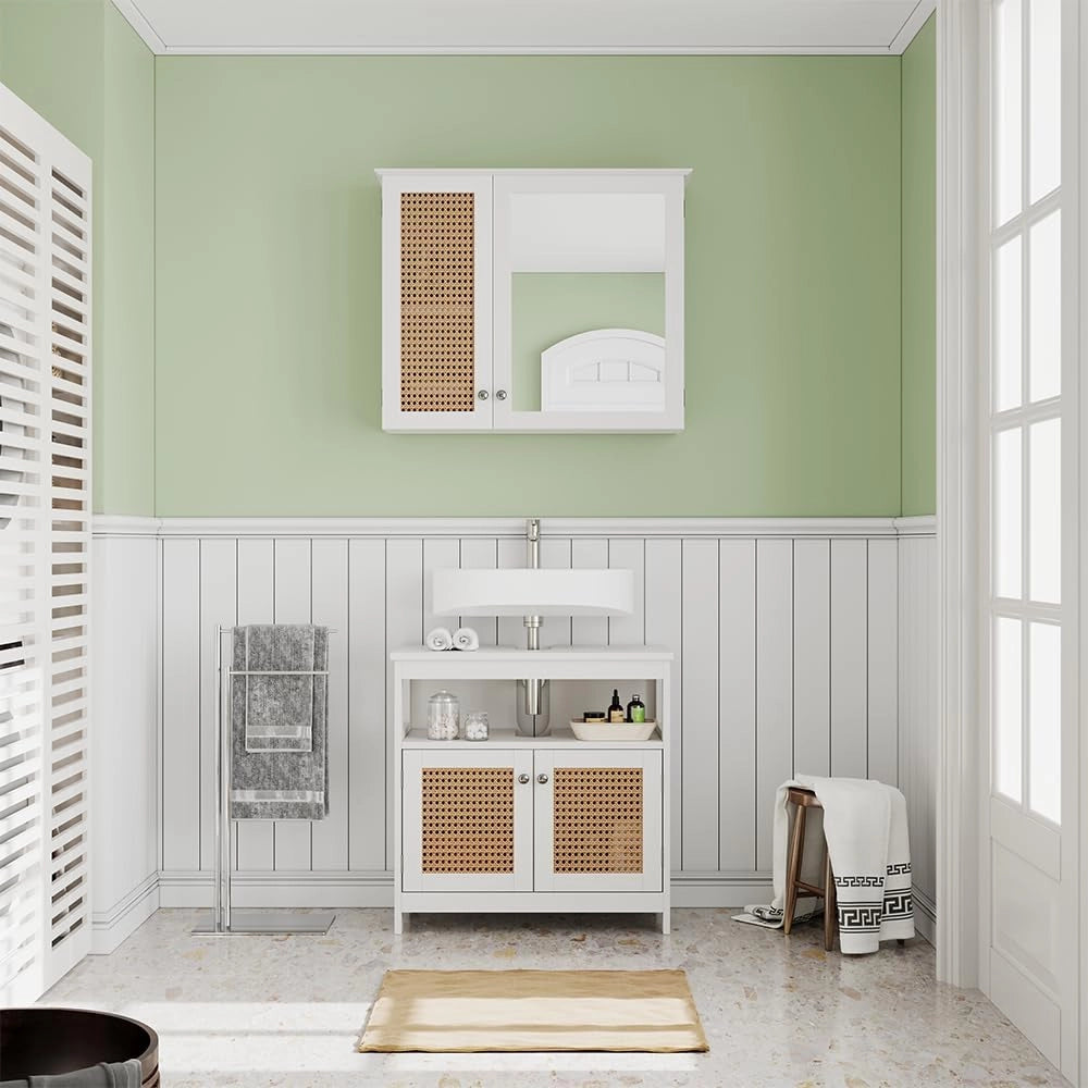 Specchio contenitore bagno Rosario, Bianco, 68 x 49 cm con 2 porte, per la conservazione di articoli da bagno e asciugamani