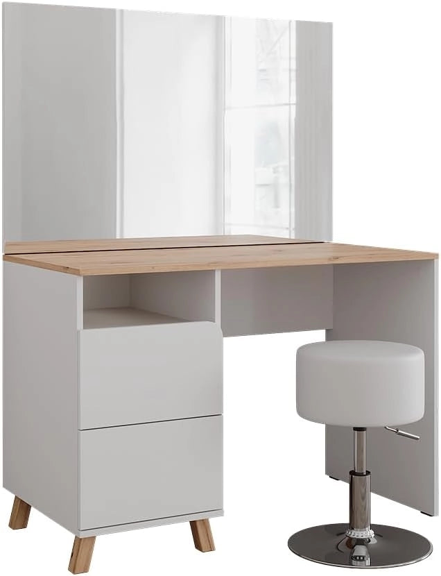 Tavolo da toeletta Karen, Bianco/Artisan, 110 cm con sgabello, Materiali robusti per un utilizzo duraturo