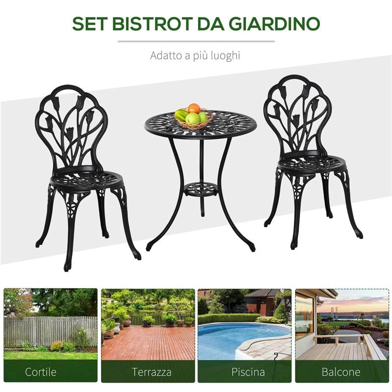 SET DA GIARDINO 3 PEZZI IN ALLUMINIO CON 2 SEDIE 42.5X47.5X89 CM E TAVOLINO ROTONDO Ø60X67 CM, NERO