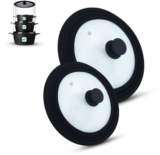 Set di coperture per vasi da 2 pezzi, universale, 2 in 1, per contenitori 16/18/20 cm e 24/26/28 cm, con rubinetto e bordo in silicone. (Nero, 16/18/20-24/26/28 cm)