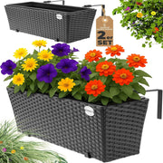 ® 2x Fioriera Balcone 60cm 11L Rattan Supporto Esterno Interno Resistente agli Agenti Atmosferici e ai Raggi UV Rimovibile Ringhiera Vaso Portafiori Rettangolare Fiori Piante Nero