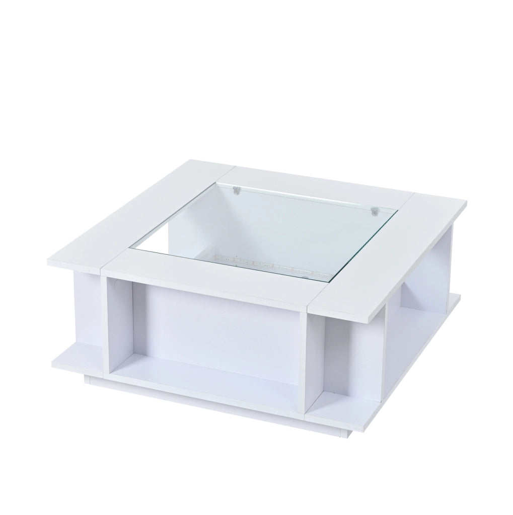 Tavolino da caffè 70x70x30 cm con illuminazione LED; piano in vetro e finitura lucida; truciolare bianco