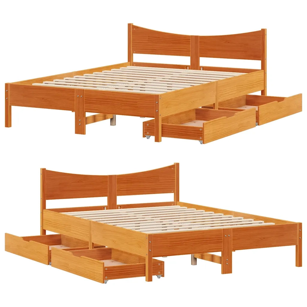 Giroletto con Cassetti-Struttura Letto con contenitore Marrone Cera 160x200 cm Massello Pino