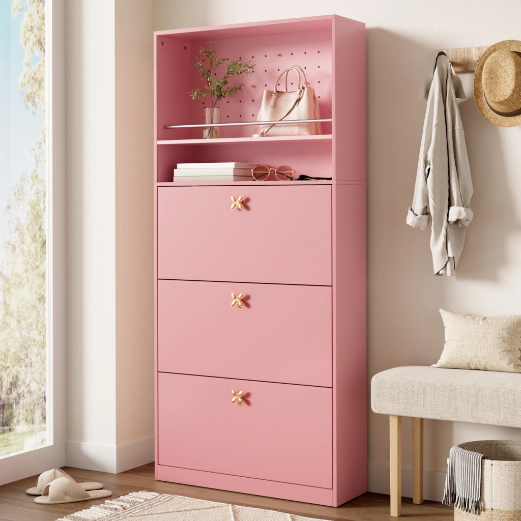 Scarpiera alta e stretta con 3 vani a ribalta, vano aperto superiore e cassetti, colore rosa, 80 ¡Á 24 ¡Á 178,5 cm