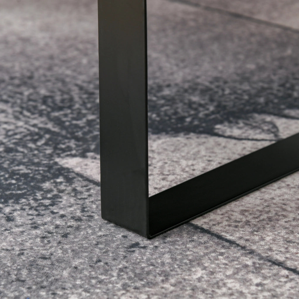 Tavolino da salotto moderno con cassetto e ripiani aperti, struttura in metallo nero, colore grigio scuro