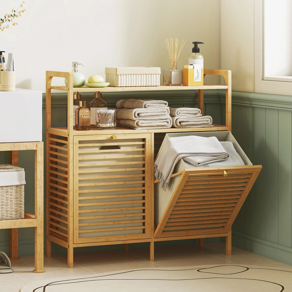 Mobile Portabiancheria con 2 Cesti da 41L e 2 Ripiani. in Bamb¨´ e Poliestere. 82x33x88 cm. color Legno e Crema