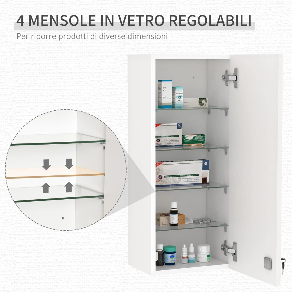 EasyComfort Armadietto Medicinali a Muro con Serratura, 5 Ripiani e Mensole Regolabili, in Legno e Vetro, Bianco, 30x20x70cm