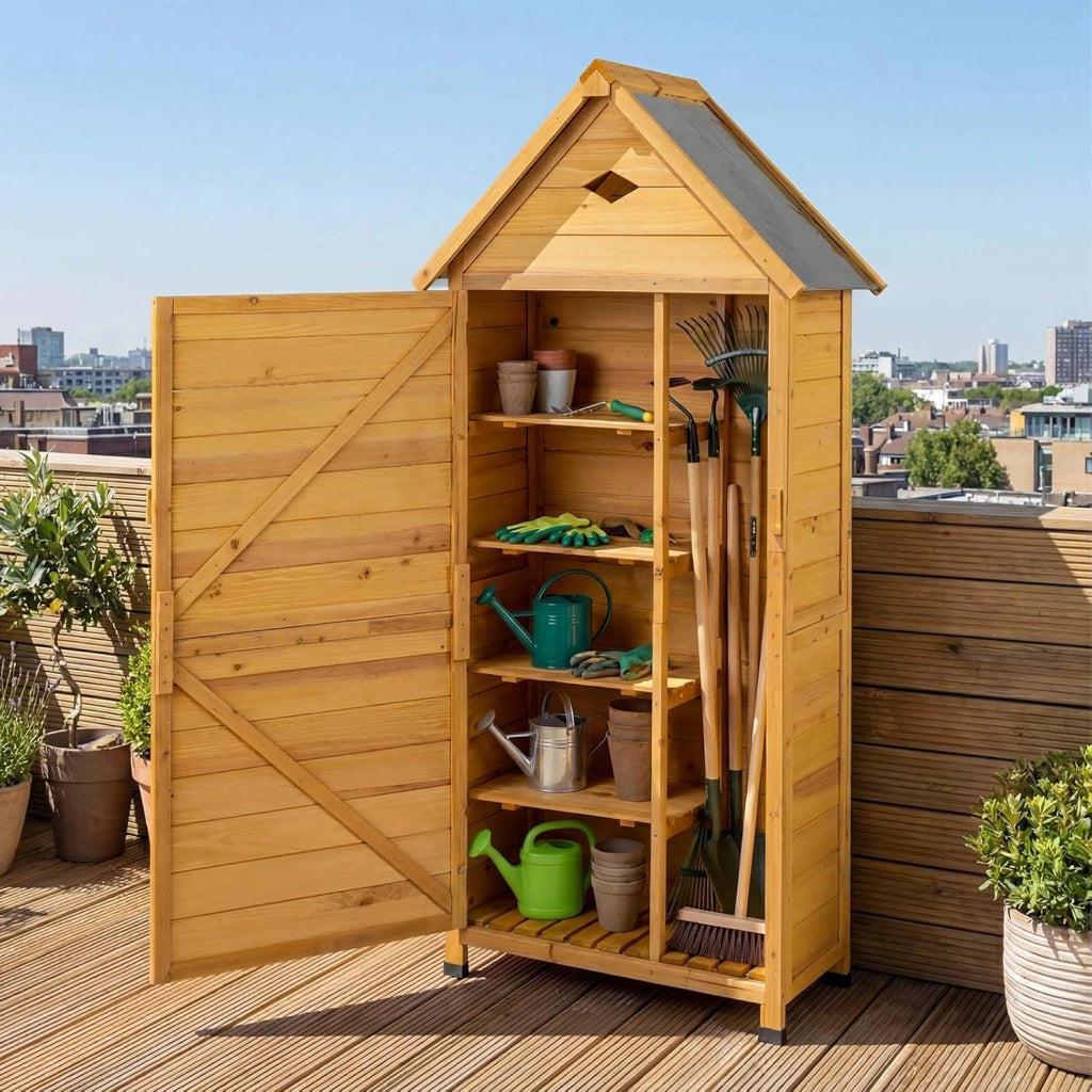 Armadio da Esterno in Legno, Casetta da Esterno con Ante, Ripiani Rimovibili, Serrature e Tetto Inclinato, Armadietto Versatile da Giardino, Balcone e Cortile (81 x 46 x 174 cm)