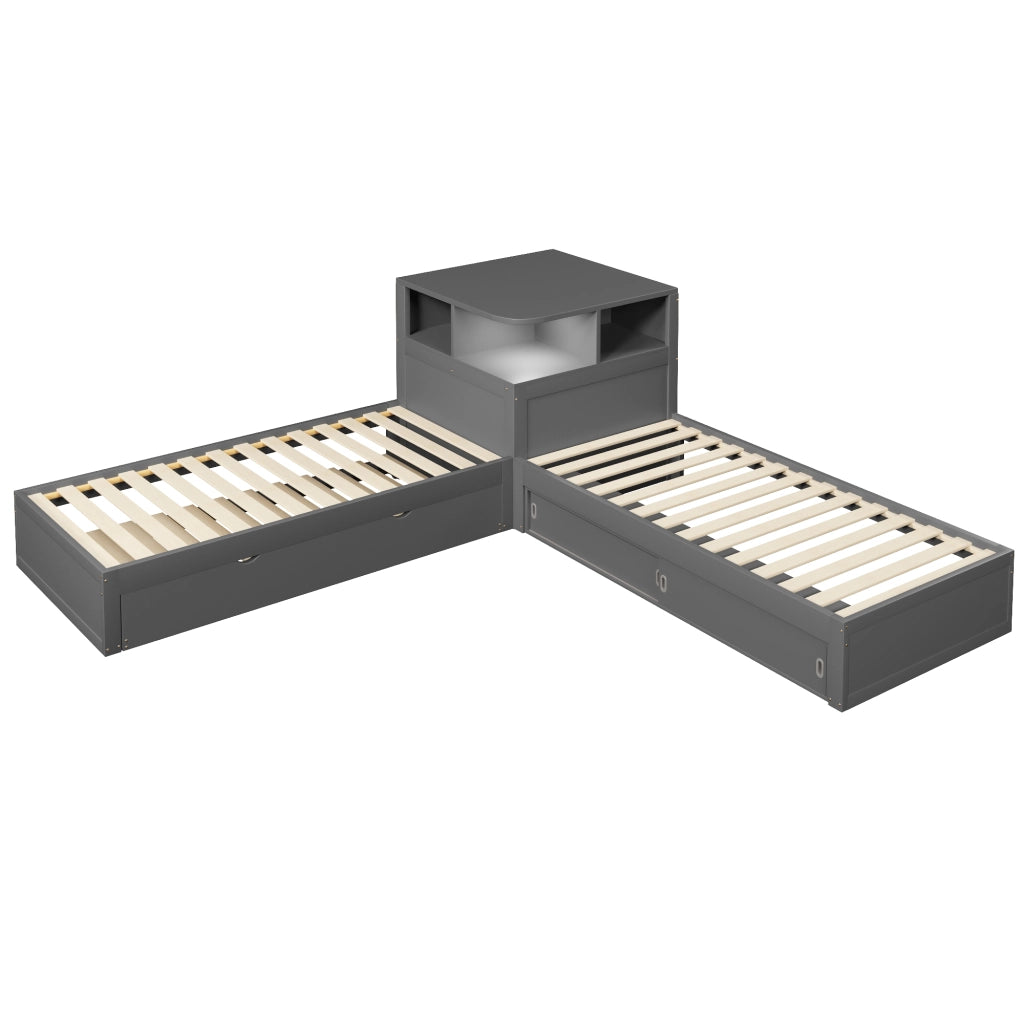 Letto combinato 90 × 200 cm con letto estraibile, contenitore con ante scorrevoli e luce LED, senza materasso, in pino, grigio