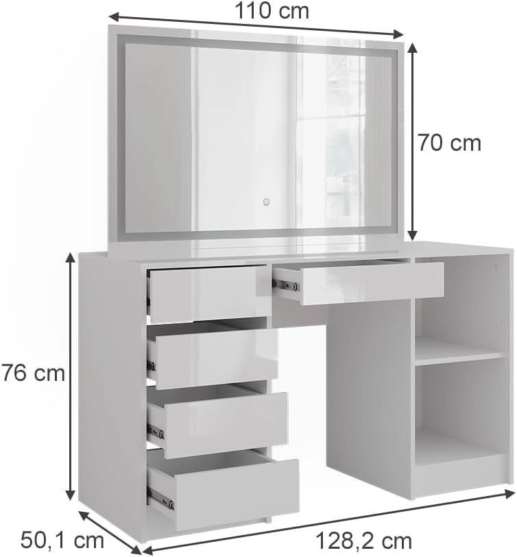 Tavolo da toeletta Sherry, Bianco/bianco lucido, 128.2 cm con specchio LED