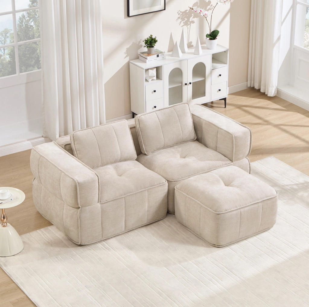 Divano modulare angolare con pouf 198x162x67 cm in poliestere beige