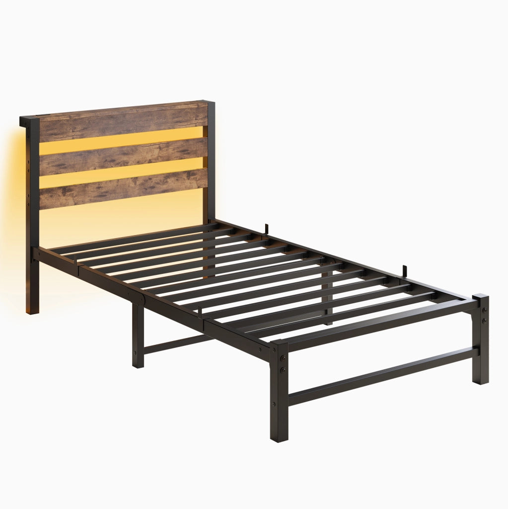 Letto singolo 90x200 cm con LED RGB, 2 porte USB e struttura in metallo nero/marrone