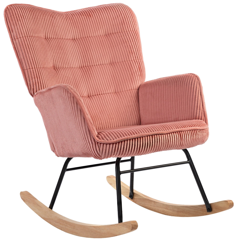 Poltrona a dondolo con braccioli e base in legno, in poliestere effetto corda rosa 98 × 71 × 101 cm