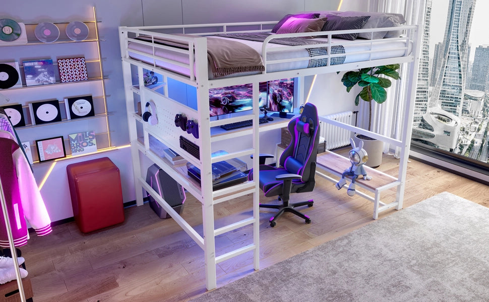 DESMIU Letto a soppalco matrimoniale con scrivania, mensole, USB, Type-C e LED 140 × 200 cm senza materasso