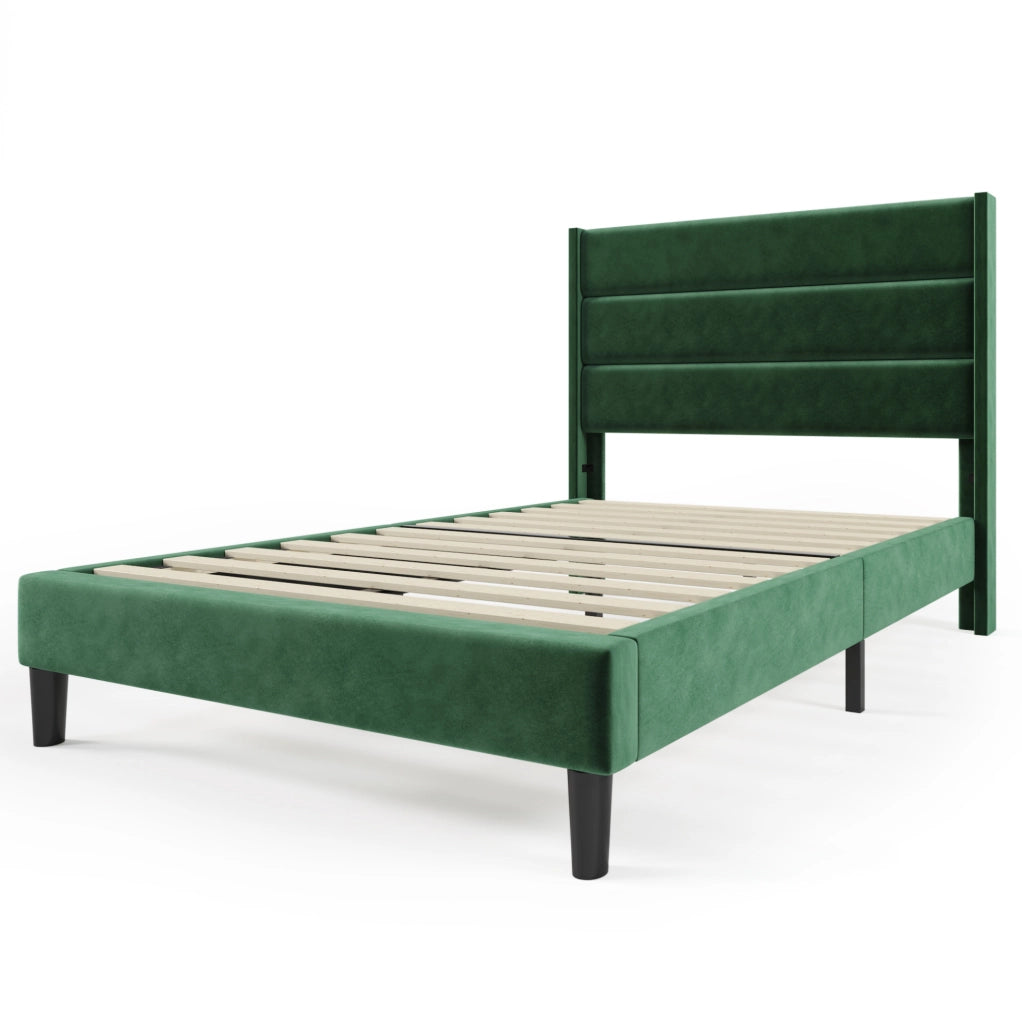 Letto imbottito con rete a doghe e testiera; 90x200 cm; velluto verde scuro