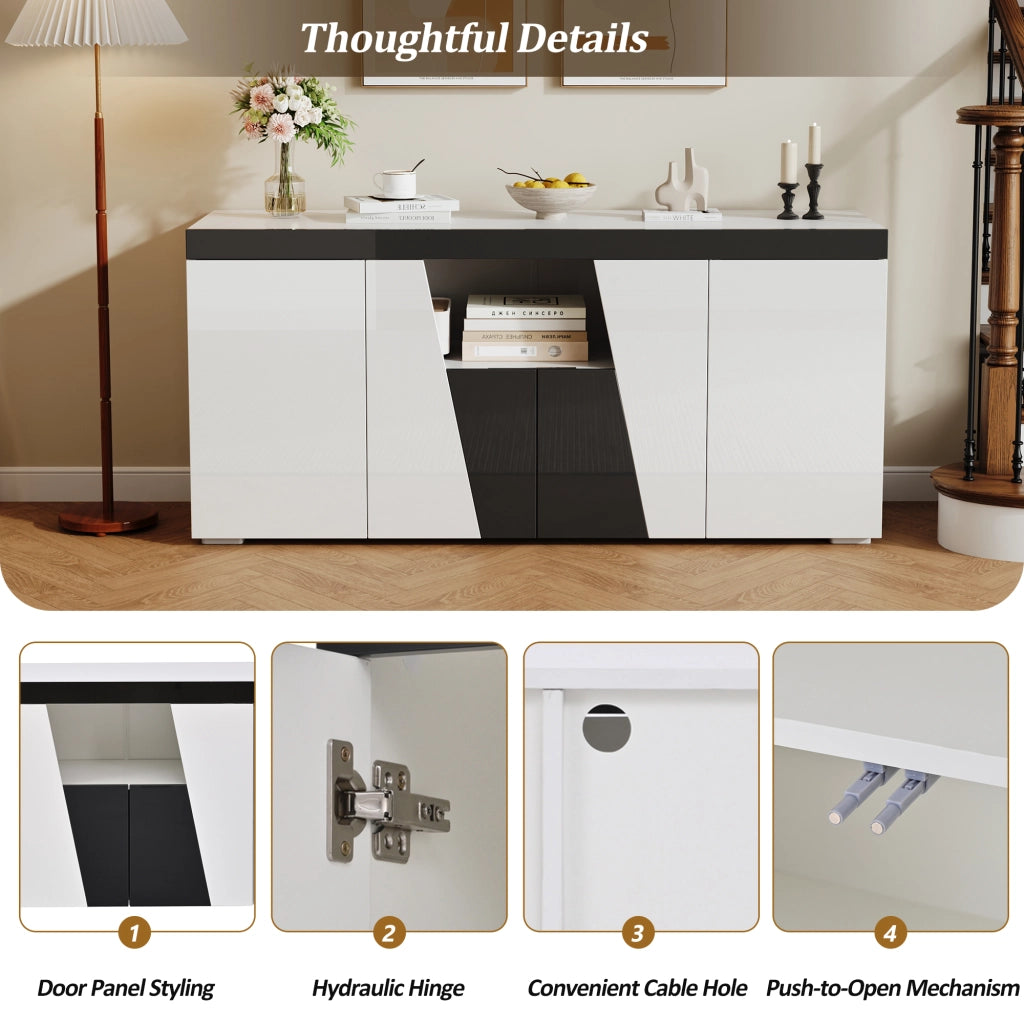 Credenza con 4 ante e ripiani regolabili, LED controllato da app, per soggiorno, bianco e nero, 140 × 40 × 65 cm