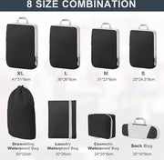 Set di contenitori per viaggio, organizzatori di bagaglio, borse impermeabili per articoli da viaggio, abbigliamento, scarpe, cosmetici e articoli da toeletta, 8 pezzi.