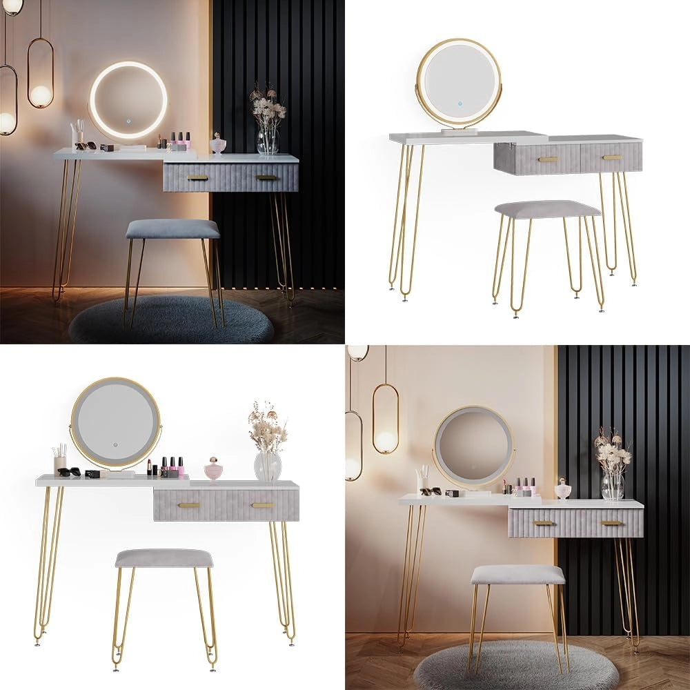 Tavolo da toeletta Zoey, Grigio, 120 cm con illuminazione LED e sgabello, con illuminazione LED e sgabello imbottito