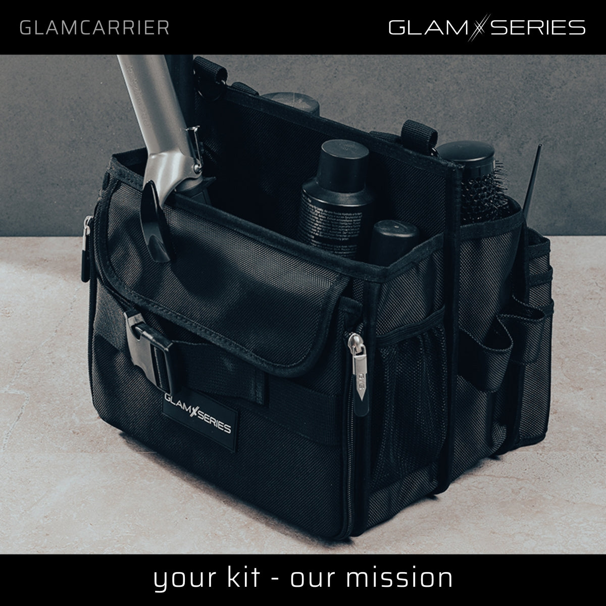 GlamSeries GlamCarrier Borsa porta trucchi con ampio spazio, trousse pieghevole per cosmetici con manico e tracolla, pochette da lavoro ideale per truccatori e parrucchieri