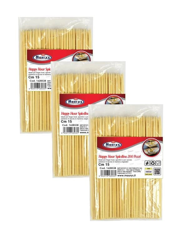 KIT SET 3 PZ MAURY'S HAPPY HOUR SPIEDINO 15CM LEGNO 200PZ