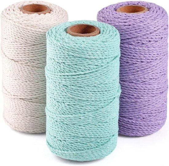 Tre Rulli di Corda Macramé 2mm x 100m per Creazioni Artistiche, Porta Fiori e Decorazioni Boho (Beige, Blu Azzurro, Viola)