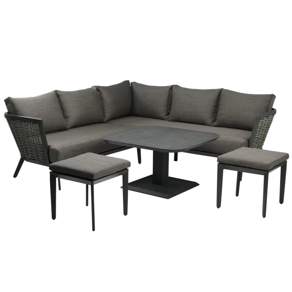 Salotto da giardino VENTARO 7 posti in alluminio grigio con divano ad angolo, tavolo regolabile e pouf