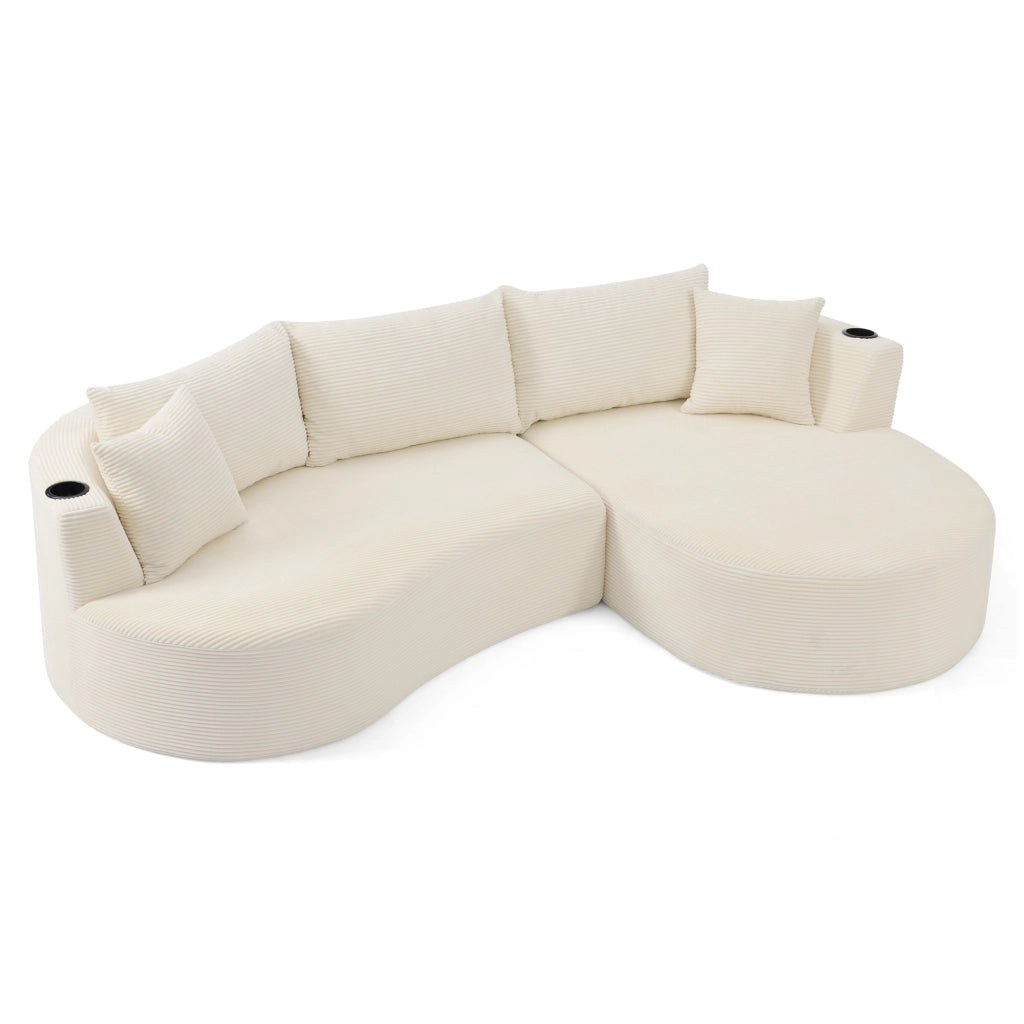 Divano Angolare 3 Posti con Chaise Longue ¨C MINIMAL ¨C Tessuto a Coste, Beige, con Cuscini e Portabicchieri