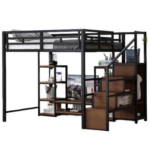 Letto a soppalco 140x200 cm con supporto TV; prese USB; scala di sicurezza e contenitore; metallo e legno nero