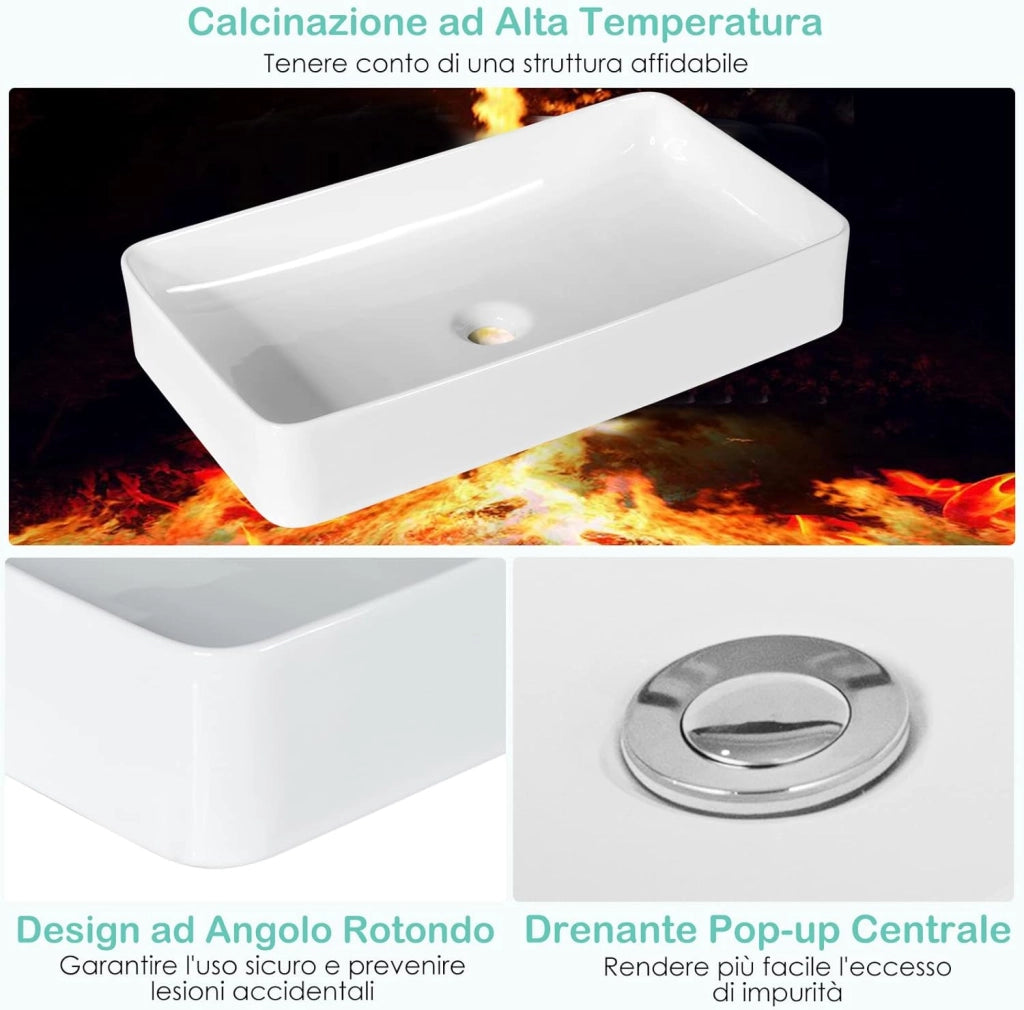 COSTWAY Lavandino Bagno in Ceramica, Lavabo da Appoggio Rettangolare 60 x 35 x 11 cm con Scarico a Scomparsa, Ideale per Cucina e Bagno