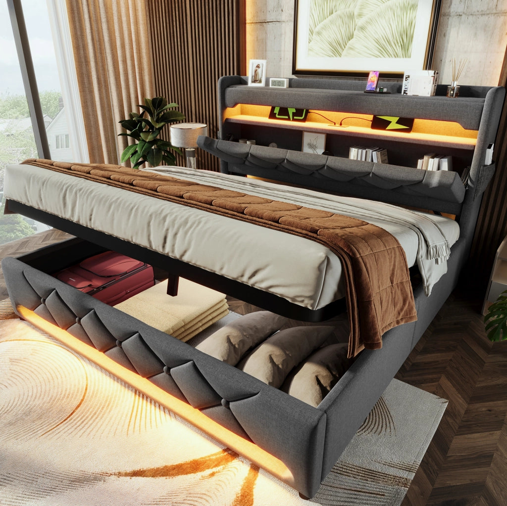 Letto matrimoniale 140x200 cm in lino grigio con LED e materasso