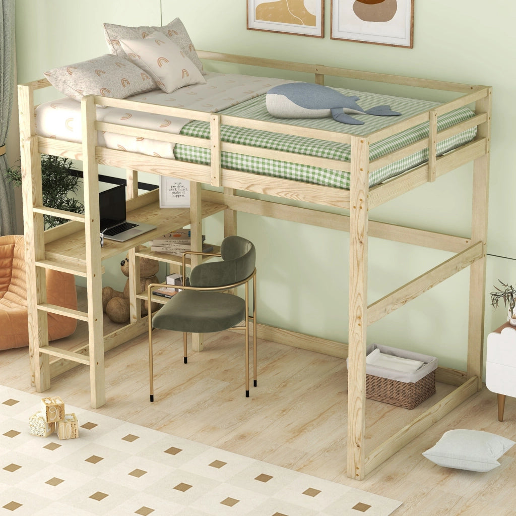 Letto a soppalco 140x200 cm con scrivania e 4 vani in legno di pino; colore naturale