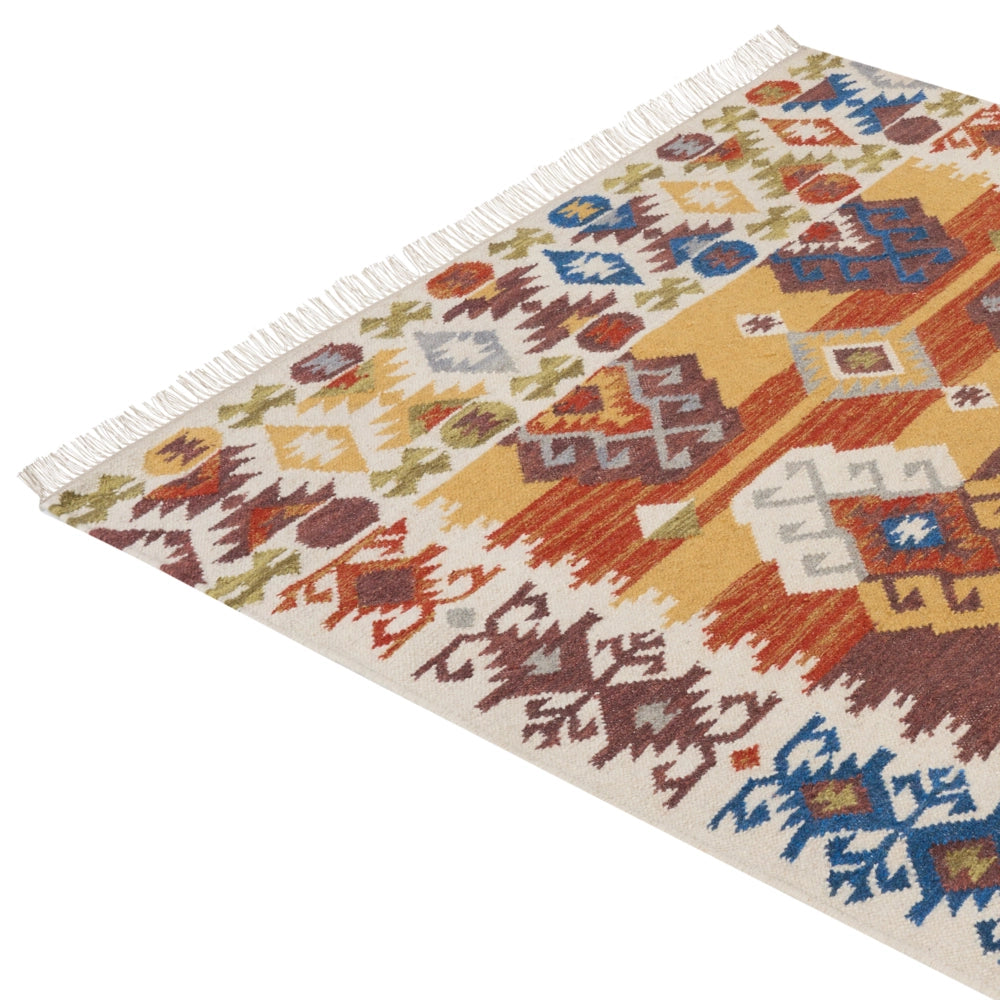 Tappeto Kilim multicolore in lana e cotone 160 x 230 cm Fatto a mano con motivo patchwork Boho e frange.