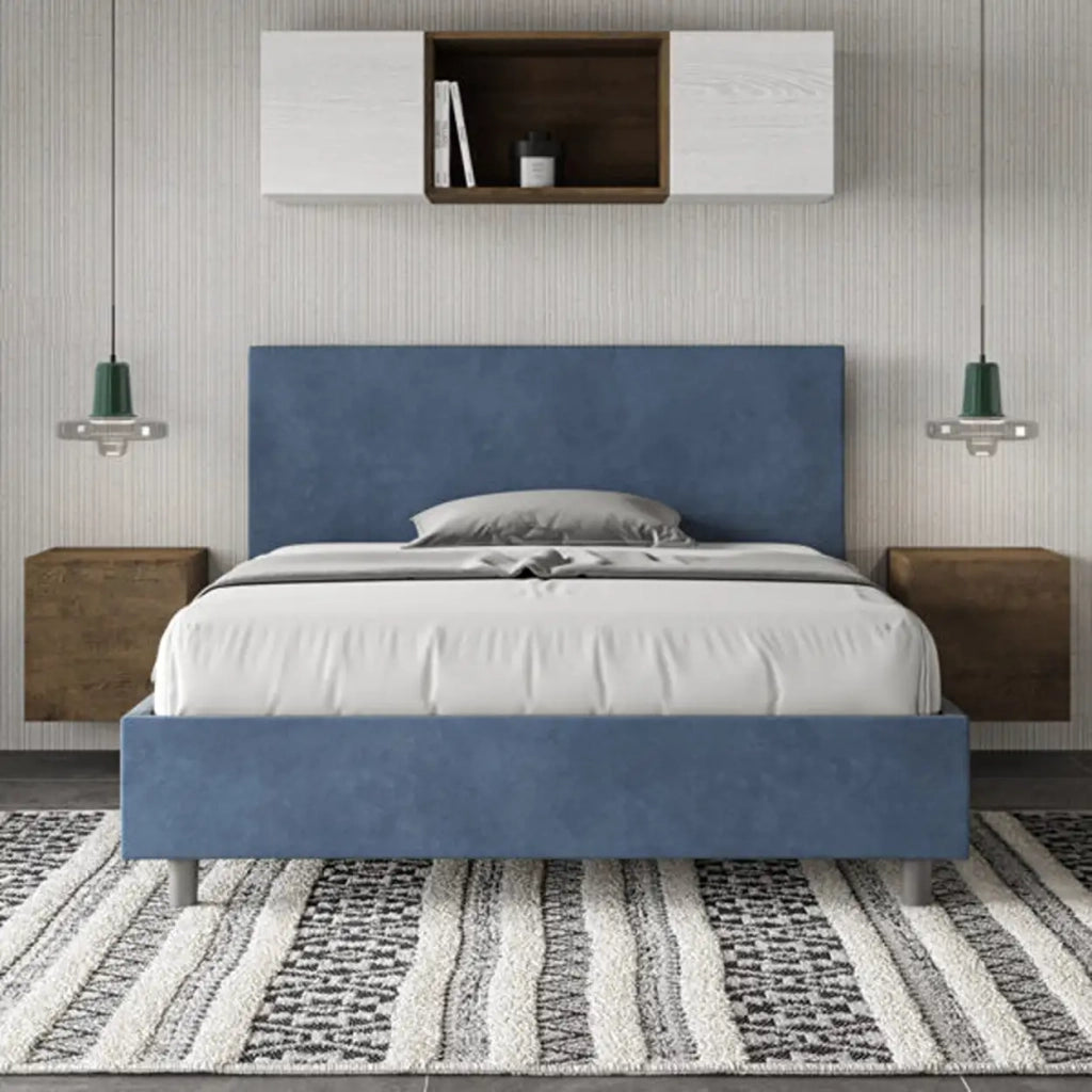 Letto matrimoniale francese contenitore imbottito 140x210 microfibra blu Adele