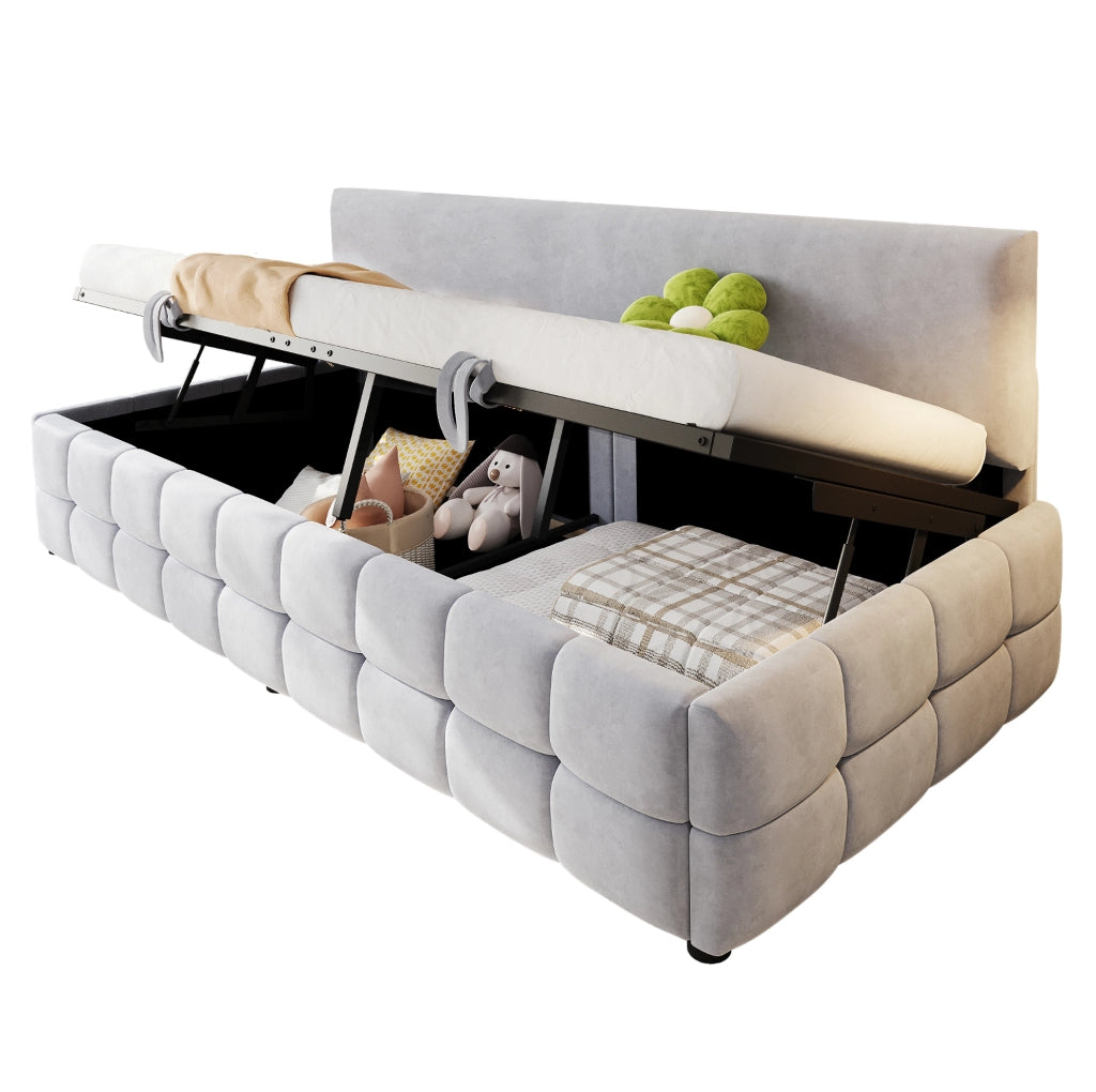 Letto singolo imbottito 90x200 cm con vano contenitore, grigio chiaro