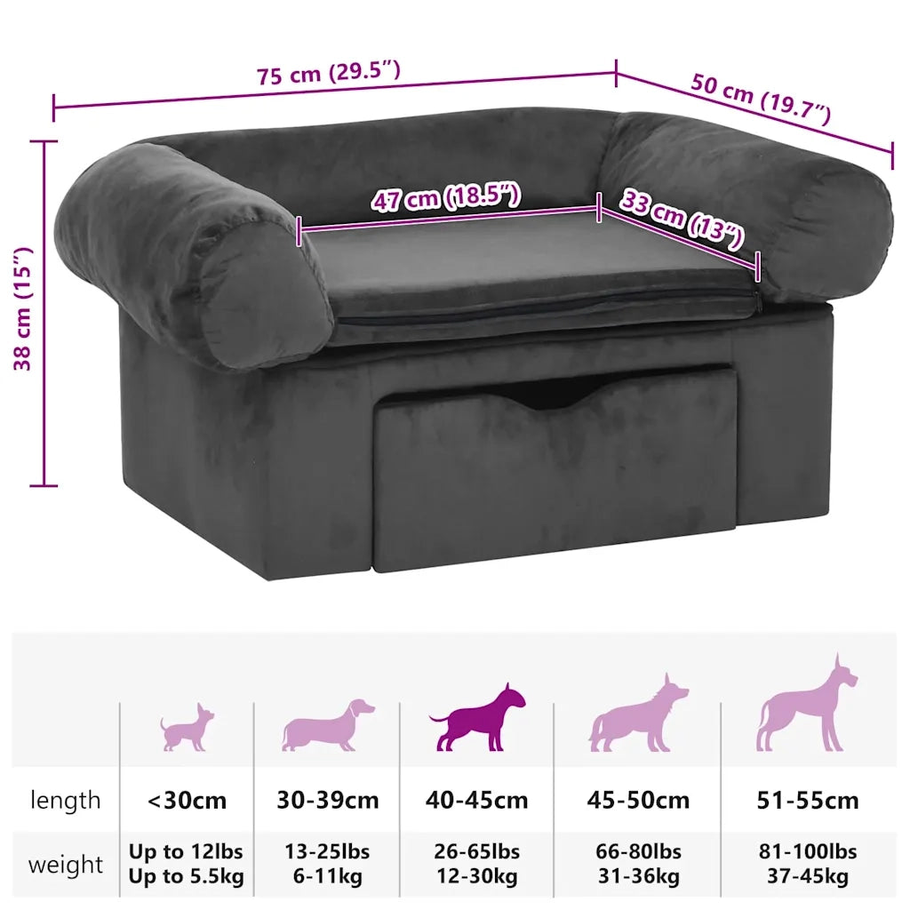 Divano per Cani con Cassetto Grigio Scuro 75x50x38cm in Peluche 171079