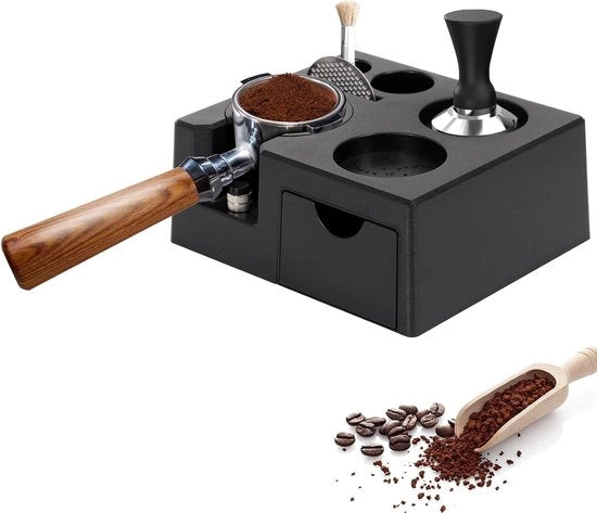 Stazione per impattare caffè per barista 51-58 mm in nero - Organizzatore in ABS - Accessori per barista - Piedini antiscivolo - Ideale per contenere la macchina per caffè - Risparmia spazio
