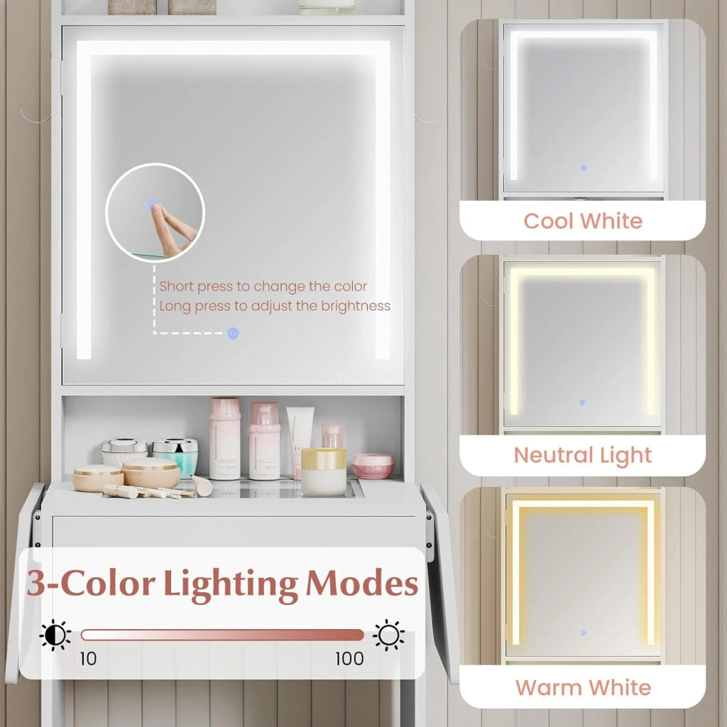 Tavolo da toeletta con sgabello, tavolo cosmetico con illuminazione a LED regolabile e prese, tavolo da toeletta con cassetto, armadio e vano aperto, tavolo da toeletta per camera da letto