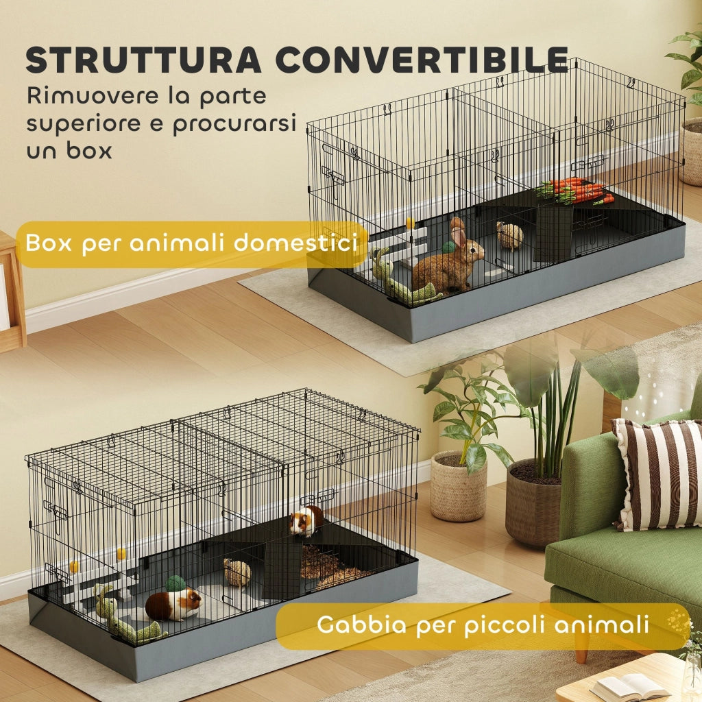 Gabbia per Animali Piccoli 2 in 1 121x61x61 cm con Coperchio Rimovibile e Sezioni Separate Nero