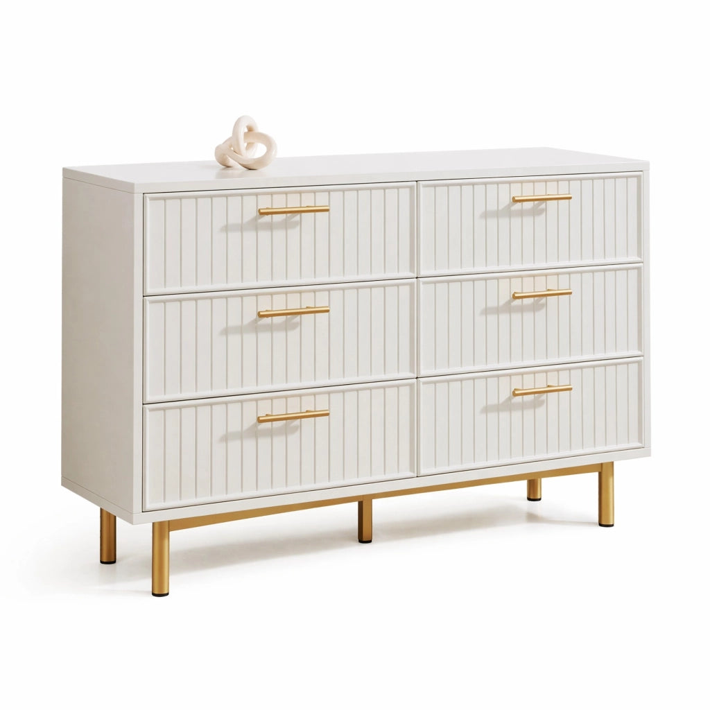 Comò con 6 cassetti moderno 120x40x75 cm in truciolare bianco con base in metallo