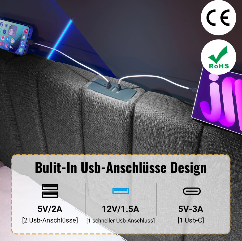 Letto contenitore 160x200 cm grigio con LED e ricarica USB-C